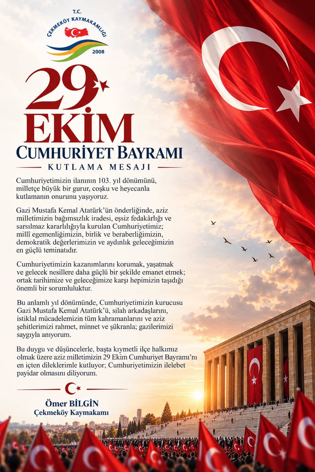 Çekmeköy Kaymakamı Bilgin'den kutlama mesajı