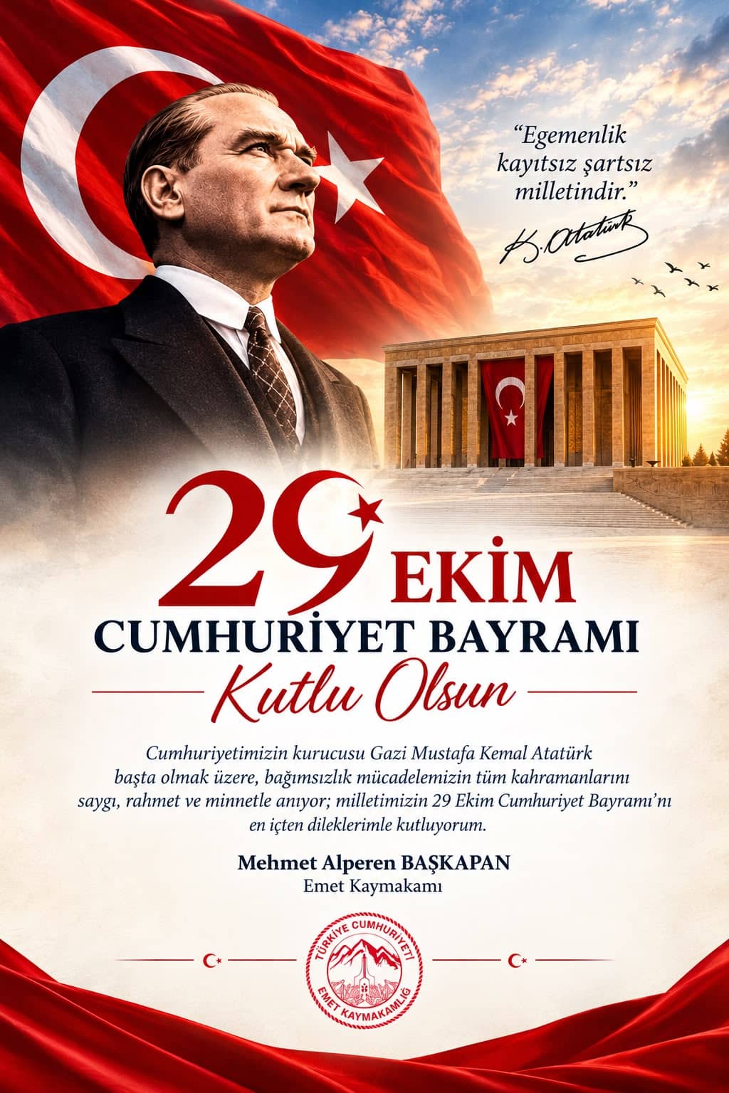 Emet'ten Cumhuriyetin 103. Yili Mesaji