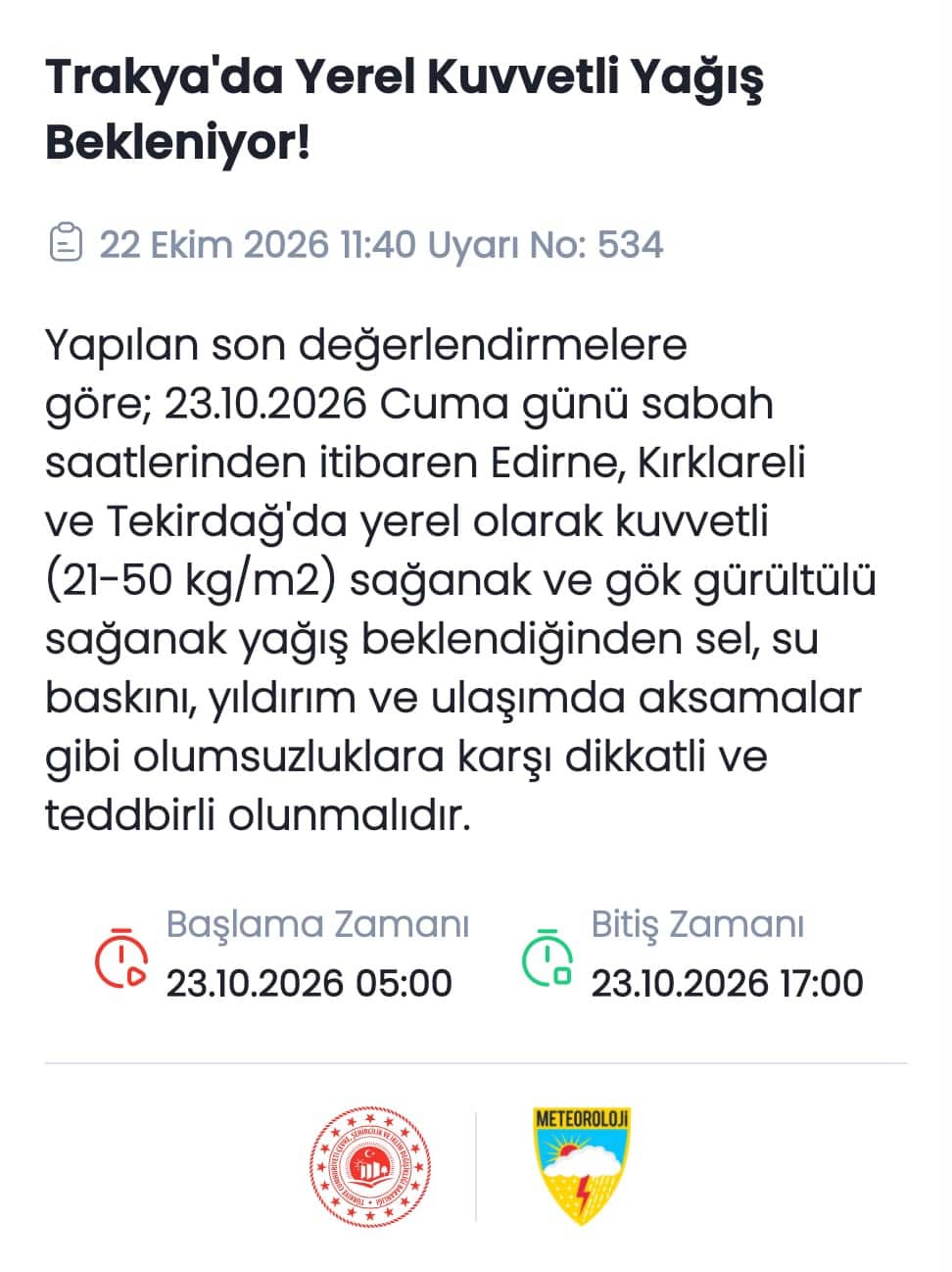 Trakya Bölgesi İçin Sağanak Uyarısı